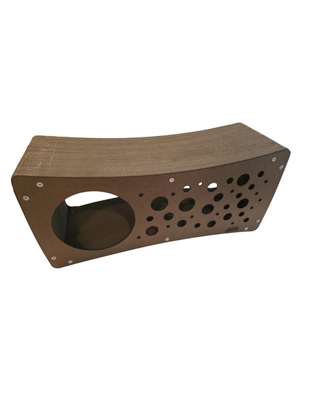 Gatitud Store modern brown cardboard cat condo with multiple openings and a large circular entrance.