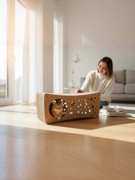 Gatitud Store modern cardboard cat condo with multiple openings, a cozy hideaway and scratching surface for cats.
