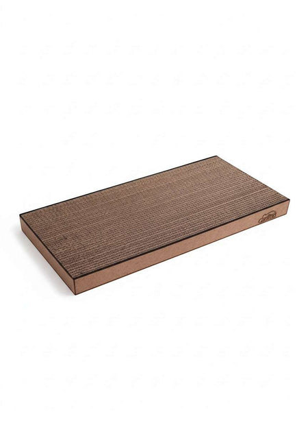 Gatitud Store horizontal corrugated cardboard cat scratcher with wooden edges, 22cm wide, 48cm long.