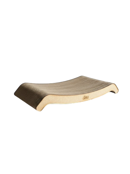 Gatitud Store brown curved cardboard cat scratcher lounger for cats to scratch and relax.