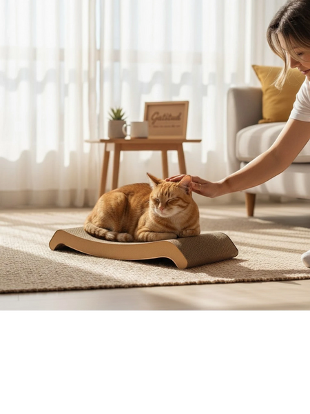 Gatitud Store brown corrugated cardboard cat scratcher lounger with curved design, an orange tabby cat resting on it.