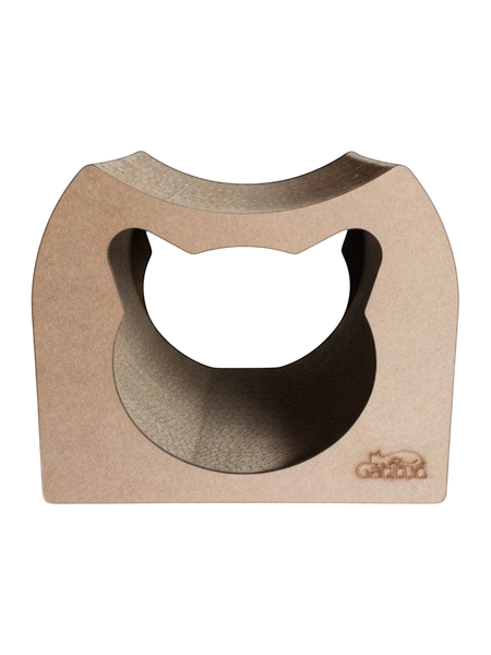 Gatitud Store cardboard cat scratcher tunnel with cat-shaped entrance, beige corrugated material.