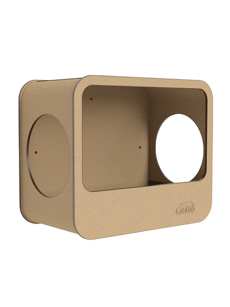 Gatitud Store modern rectangular cardboard cat wall perch with two circular openings and rounded edges.