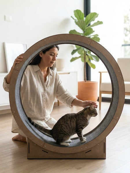 Gatitud Store reinforced cat exercise wheel, 80cm diameter, MDF wood with grey felt lining, for indoor cats.