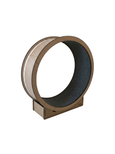 Gatitud Store reinforced cat exercise wheel, 80cm diameter, made of MDF with grey felt lining and wooden slats.