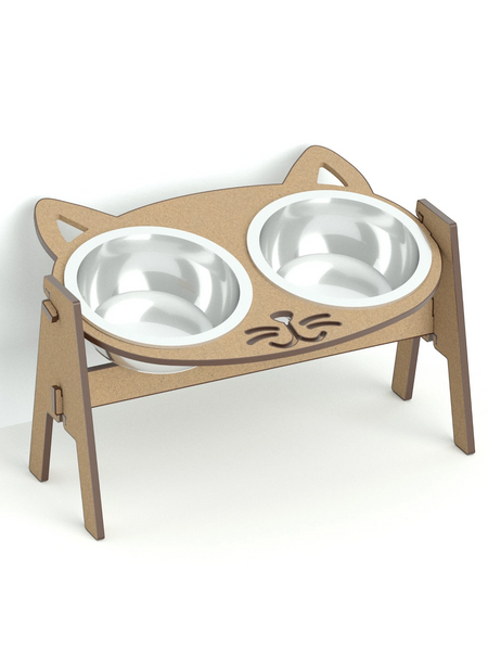Gatitud Store cat face elevated pet feeder with two stainless steel bowls on a wooden stand.