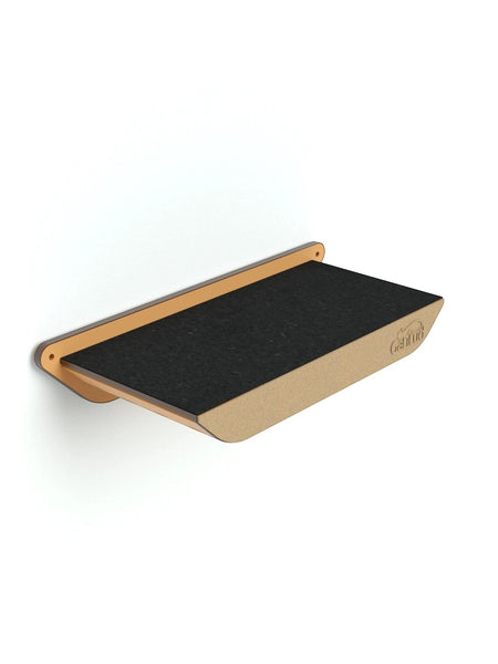 Gatitud Store modern wall-mounted cat perch made of natural wood with a black felt surface for climbing and lounging.