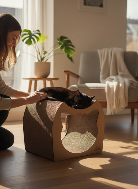 Gatitud Store modern curved corrugated cardboard cat scratcher lounge with cat ear cutout, brown