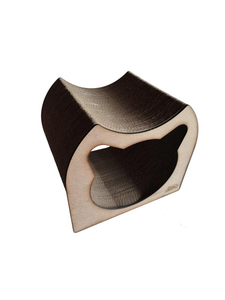 Gatitud Store modern brown corrugated cardboard cat scratcher lounge with tunnel and cat ear cutout.