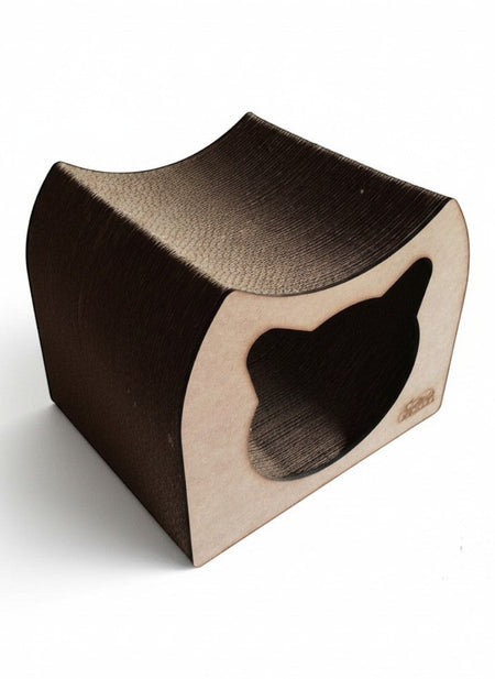 Gatitud Store brown corrugated cardboard cat tunnel cave with two openings, ideal for scratching and resting.