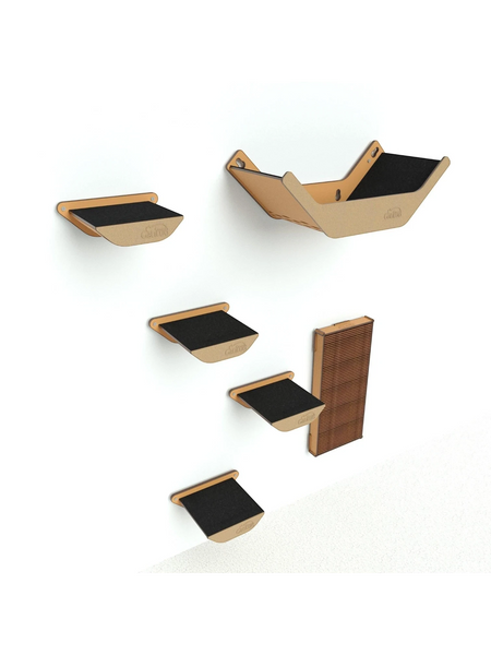 Gatitud Store modern wood cat wall furniture set with black non-slip surfaces, including platforms, a hideaway, and scratching post.