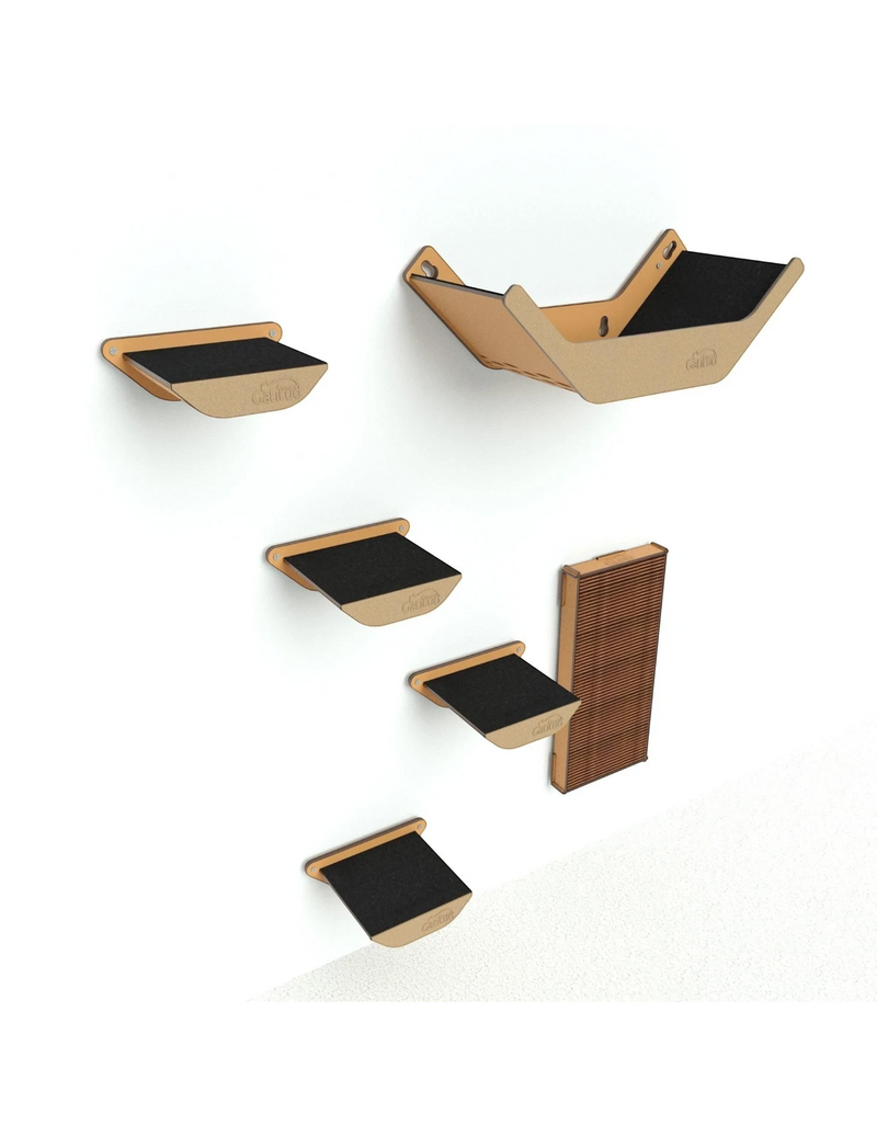 Gatitud Store modern wood cat wall furniture set with black non-slip surfaces, including platforms, a hideaway, and scratching post.