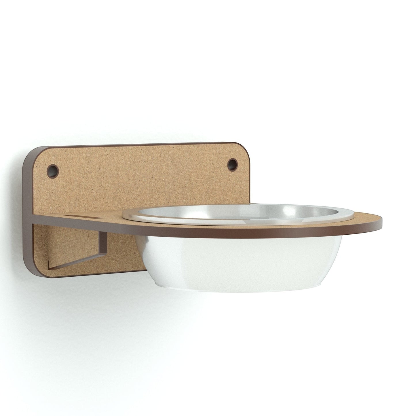 Comedero de pared individual para gatos Gatitud Store, fabricado en madera MDF con plato de acero inoxidable incluido.
