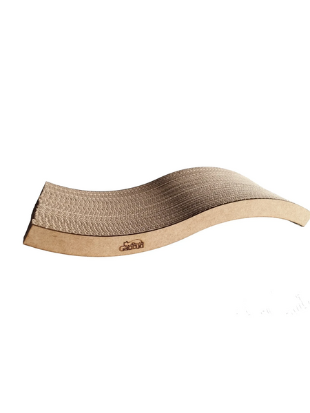 Gatitud Store curved corrugated cardboard cat scratcher lounger with a wavy shape for scratching and resting.
