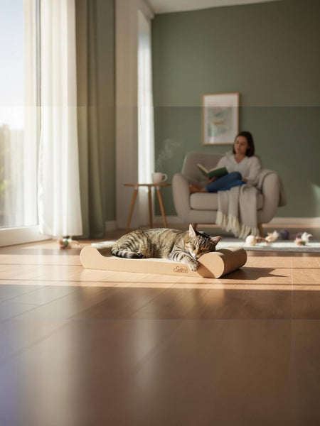 Gatitud Store curved cardboard cat scratcher lounger with a tabby cat sleeping on it, in a sunlit living room.