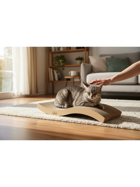 Gatitud Store curved corrugated cardboard cat scratcher lounger with a tabby cat resting on it.