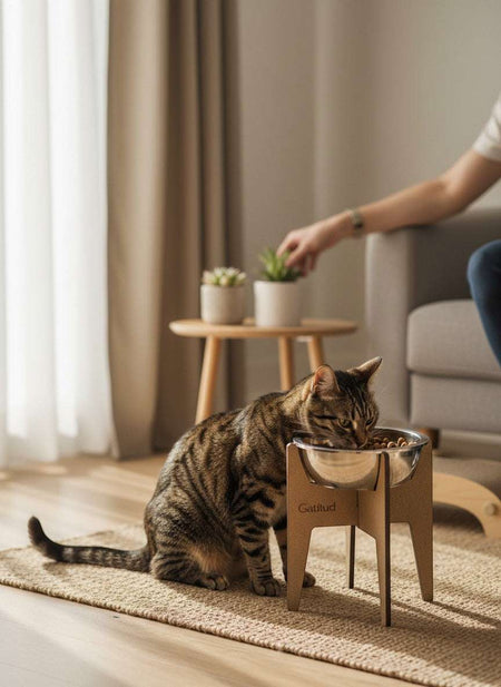 Gatitud Store modern wood composite elevated pet bowl stand with a stainless steel bowl, featuring a cross-legged design. A tabby cat eats from the bowl.