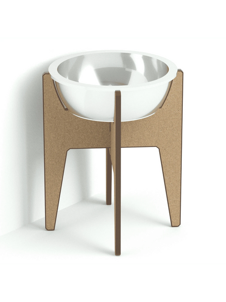 Gatitud Store modern wooden pet bowl stand with a white ceramic bowl, promoting better digestion and comfort.