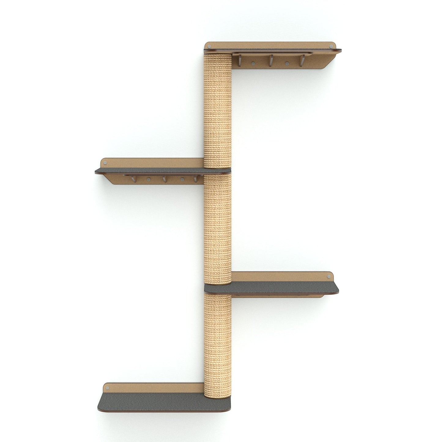 Gimnasio de pared para gatos Gatitud Store con plataformas de madera MDF y tubos rascadores de cabuya natural.