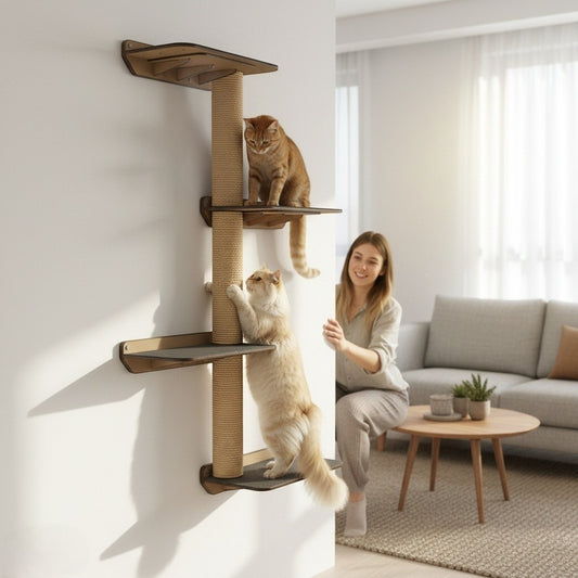 Gimnasio de pared Gatitud Store para gatos con plataformas de madera y rascadores de cabuya natural en uso