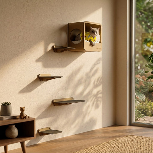 Gimnasio de pared Gatitud Store con cueva y estantes de madera MDF para gatos en una sala iluminada