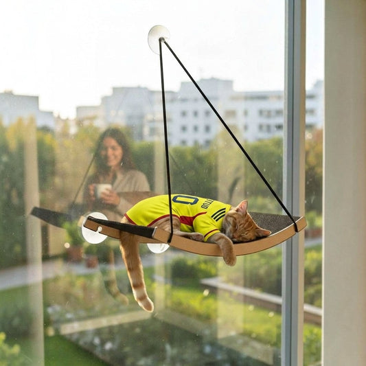 Gatitud Store hamaca mediana para gatos de ventana, color amarillo con número 0, fijación a vidrio con ventosas.