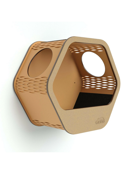 Gatitud Store hexagonal wall-mounted cat condo made of wood composite with carpeted base and multiple entry holes.