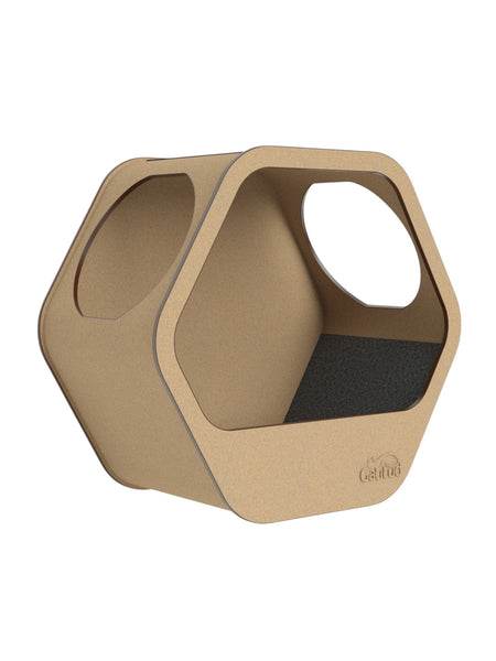 Gatitud Store hexagonal wall mounted cat condo made of MDF with two openings and a dark grey felt cushion inside.