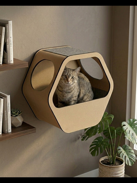 Gatitud Store hexagonal wall mounted cat condo made of light brown MDF with grey felt top, featuring a tabby cat inside.
