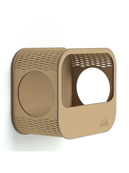 Gatitud Store modern wall-mounted cat condo made of light brown wood with two entry holes and decorative patterned sides.