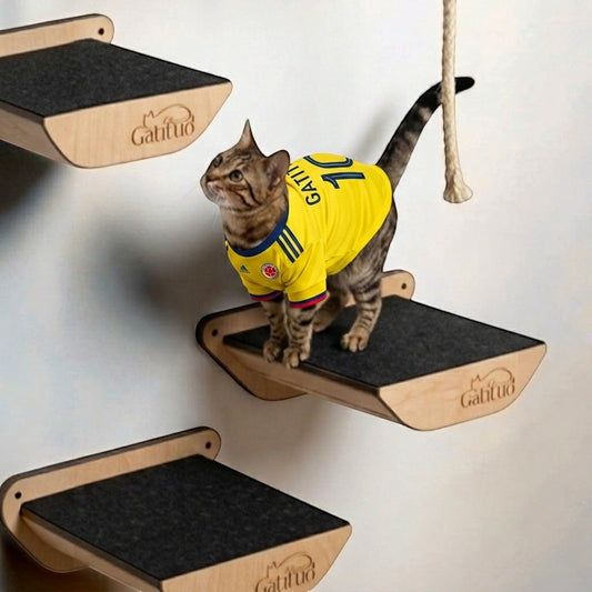 Gato con camiseta de fútbol sobre peldaño mediano de madera MDF de Gatitud Store, parte de un gimnasio de pared modular.