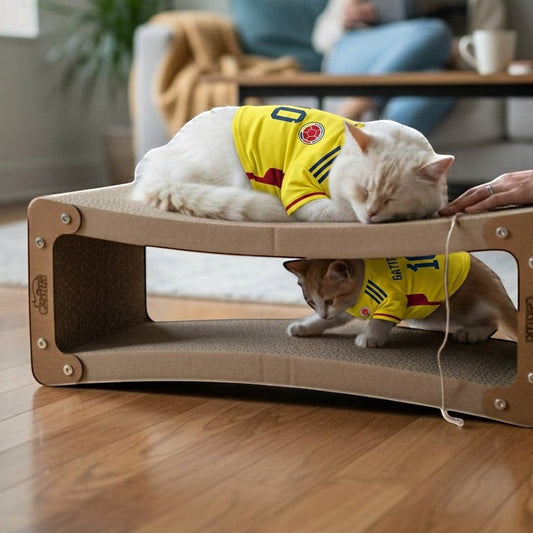 Rascador INFINITO Grande de Gatitud Store en cartón corrugado con dos gatos con camisetas de fútbol descansando.