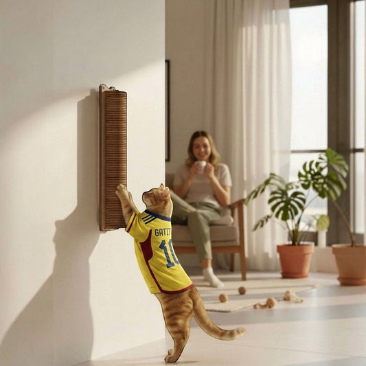Gato con camiseta de fútbol usando el rascador cilíndrico de pared Gatitud Store en una sala moderna y luminosa.