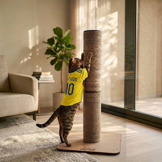 Gato con camiseta amarilla rascando torre cilíndrica de cartón corrugado de Gatitud Store en una sala de estar.