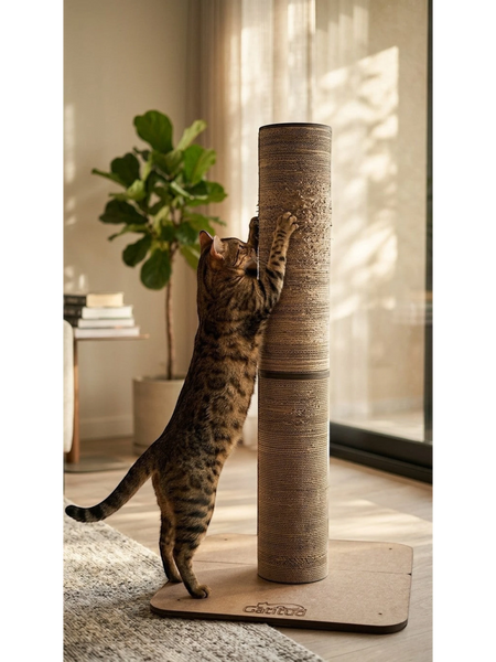Gatitud Store round cat scratching post tower made of durable cardboard and wood base, 70cm high.