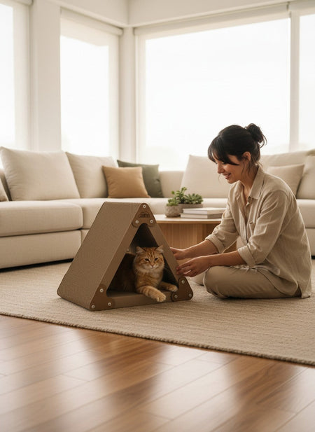 Gatitud Store triangular corrugated cardboard cat scratcher house with orange tabby cat inside. Woman kneeling beside it.