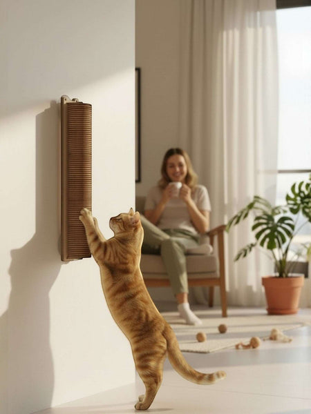 Gatitud Store wall-mounted cat scratcher post, natural wood with ribbed texture, 35cm height, for cats to sharpen claws and relieve stress.