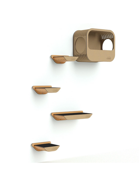 Gatitud Store wall-mounted cat tree with cubby, multiple shelves, and sisal scratching surfaces. Natural wood MDF.