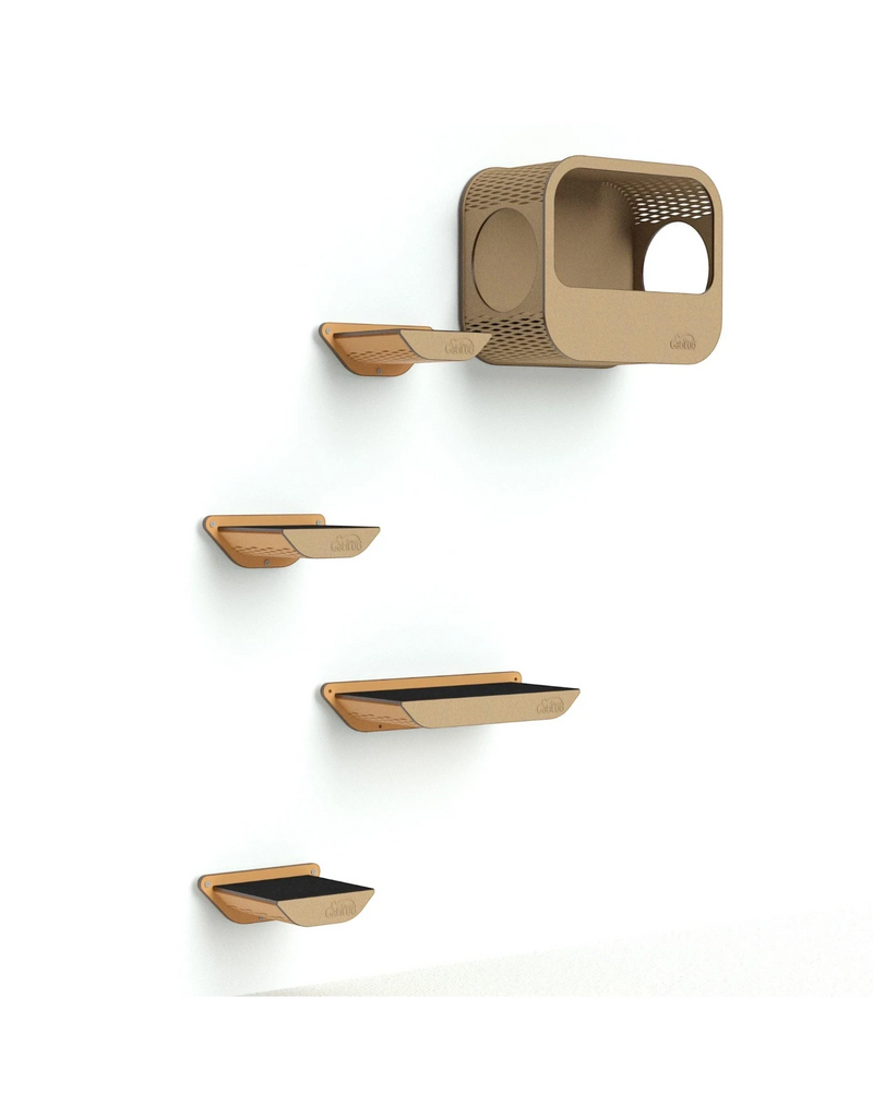 Gatitud Store wall-mounted cat tree with cubby, multiple shelves, and sisal scratching surfaces. Natural wood MDF.