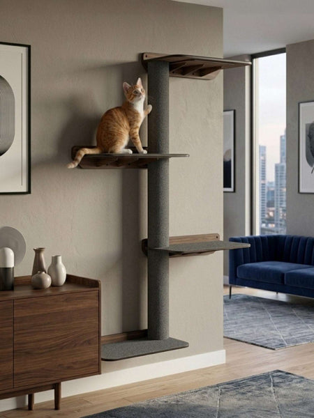 Gatitud Store wall-mounted cat tree with multiple platforms and scratching post, grey fabric and wood finish.