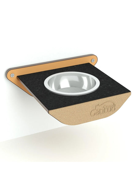Gatitud Store wall-mounted wooden cat feeding station with grey felt insert and stainless steel bowl.