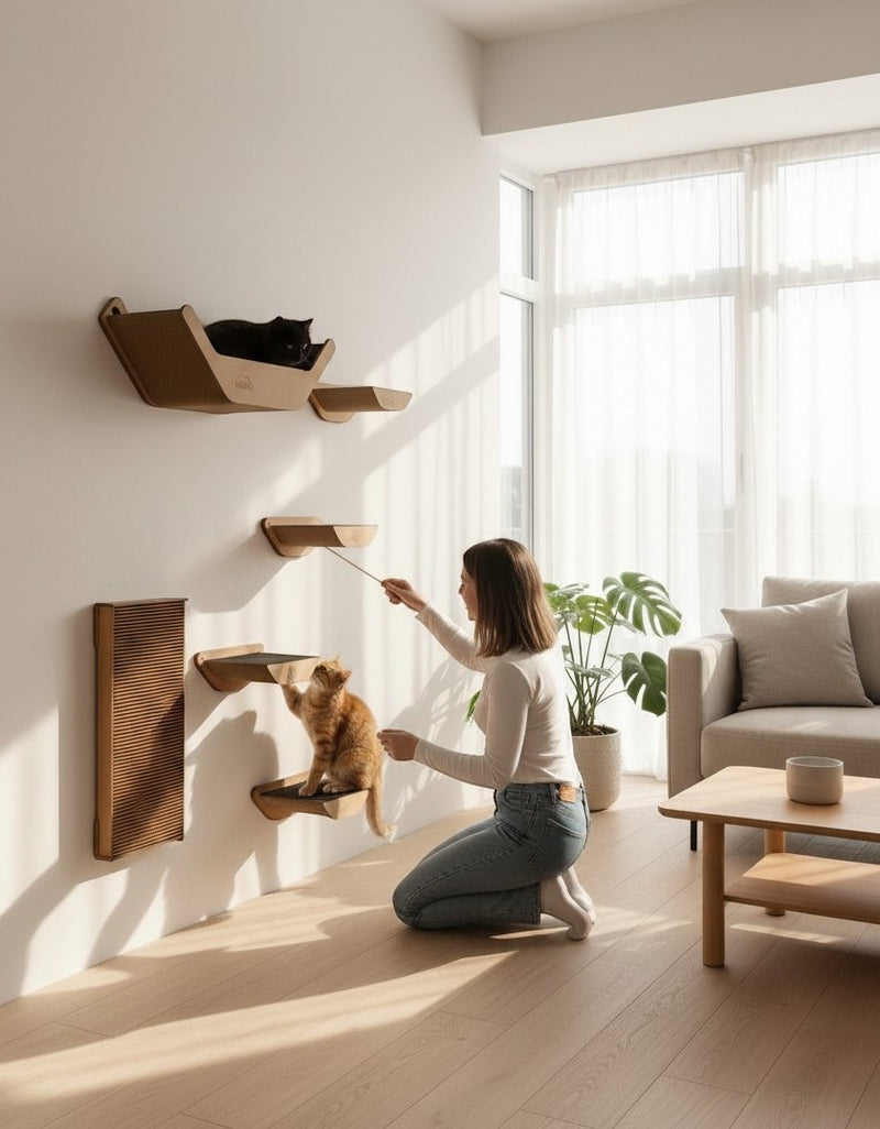 Gatitud Store modern wall-mounted cat furniture set with platforms, hideaway, and scratching post. Natural wood finish.