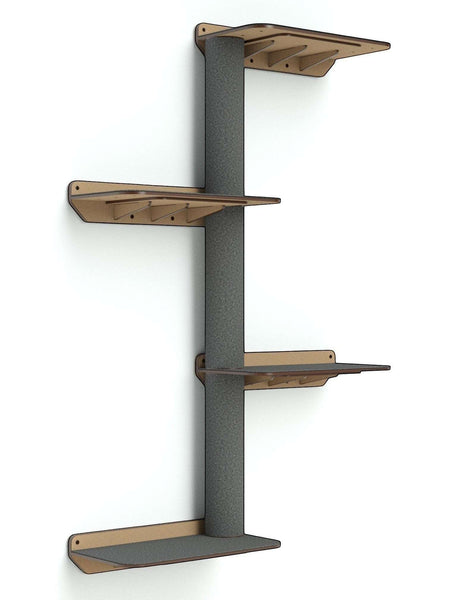 Gatitud Store wall-mounted cat gym with multiple grey platforms and scratching post, made of wood and durable fabric.