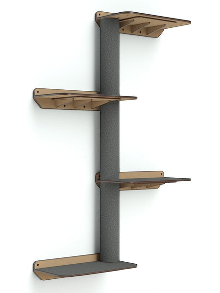 Gatitud Store modern grey wall-mounted cat tree with multiple wooden shelves and sisal scratching post.