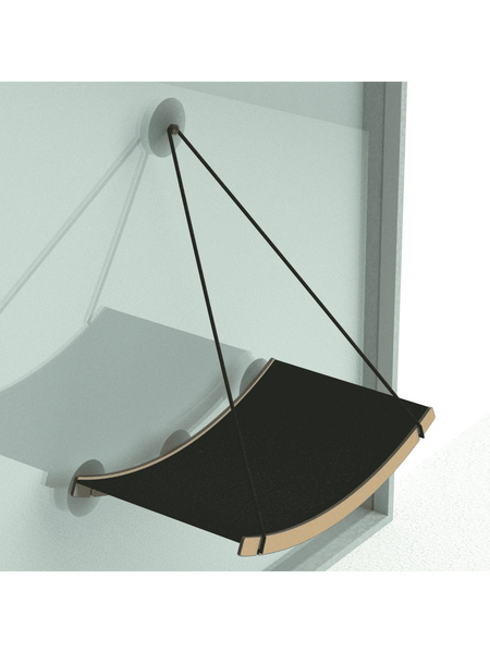 Gatitud Store black window-mounted cat hammock with wooden frame and suction cups, offering a comfortable perch.