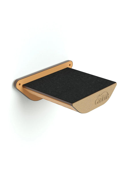 Gatitud Store natural wood cat perch with dark grey felt surface, mounted on a white wall.