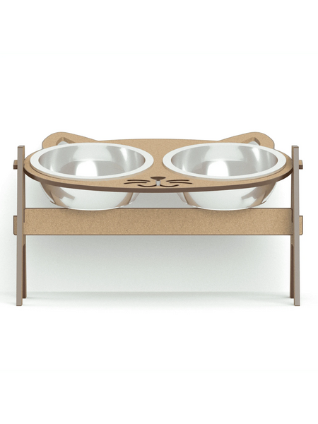 Gatitud Store cat face elevated pet feeder with two stainless steel bowls on a wooden stand.