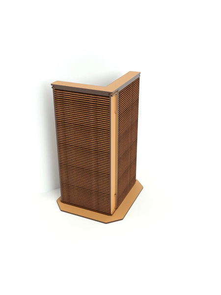 Gatitud Store modern corner scratcher made of MDF wood with a slatted design, ideal for small spaces.