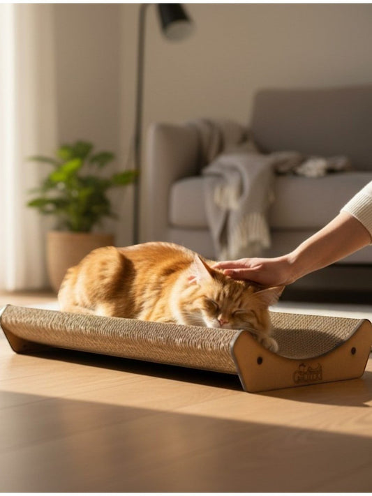 Gatitud Store curved cardboard cat scratcher lounger with an orange tabby cat resting on it.
