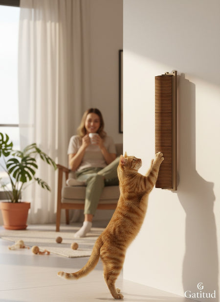 Gatitud Store medium vertical cat scratching tower made of corrugated cardboard, 32cm, mounts to wall or glass.